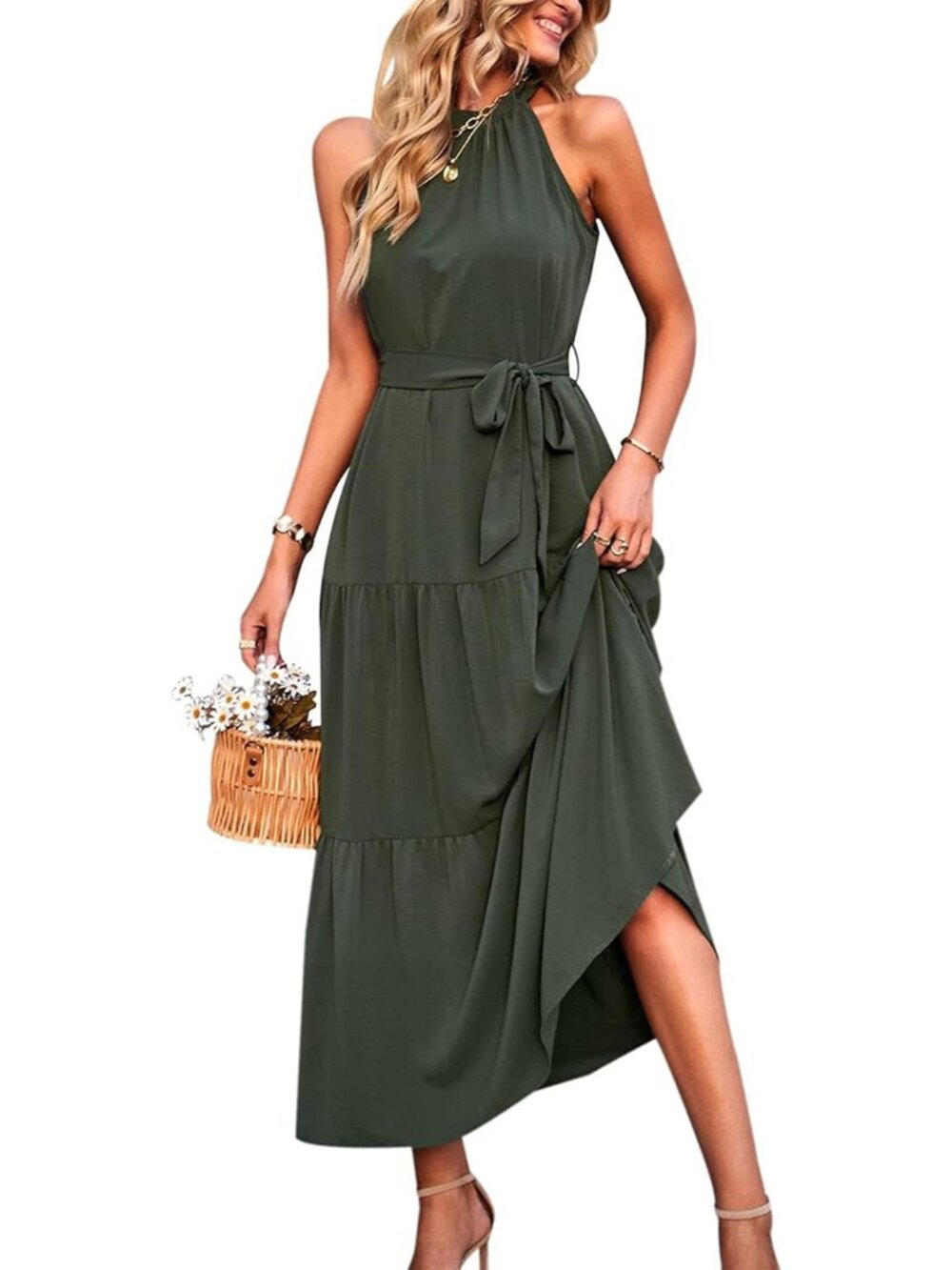 Women's Solid Army Green Floral Maxi Dress Sleeveless Halter Neck Flowy Ruffle